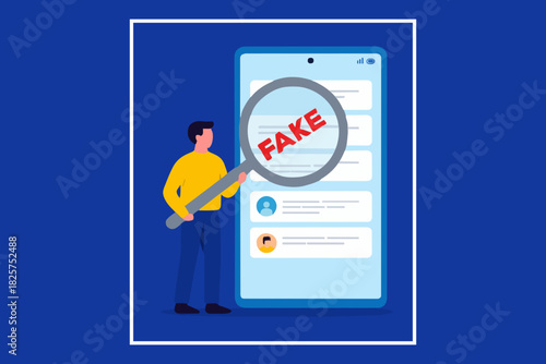 caution illustration with the concept of a businessman examining fraudulent messages using a magnifier, fraudulent messages concept illustration, the lure of fake gifts concept illustration