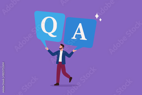 Q and A with bubble chat icon and businessman illustration. question and answer vector illustration. question or information to solve problem. business people holding bobble chat with Q and A text