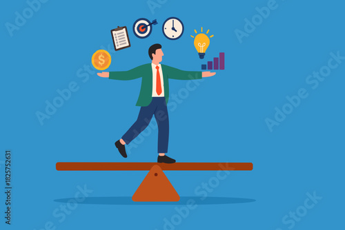 multiple project management concept illustration, juggle multiple project concept, professional businessman manage multiple project at the some time vector illustration while standing on seesaw