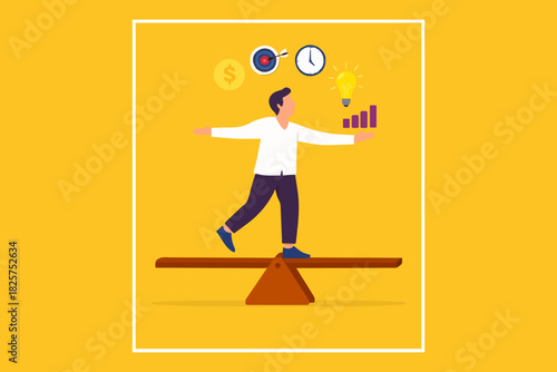 multiple project management concept illustration, juggle multiple project concept, professional businessman manage multiple project at the some time vector illustration while standing on seesaw
