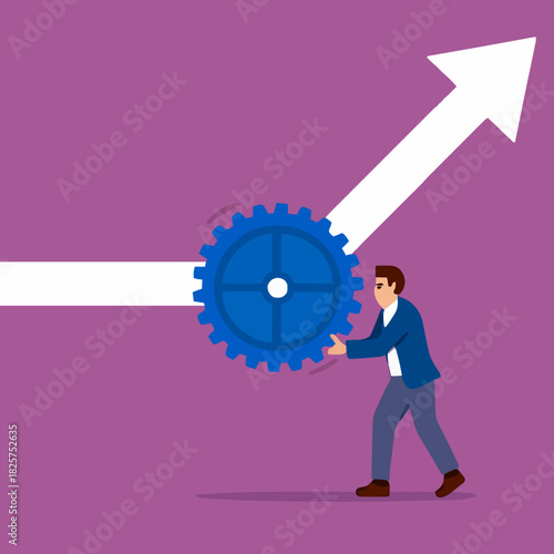 change business management, businessman turn gear cog to manage change direction arrows, professional or expertise to manage company transformation or implement new process concept vector illustration