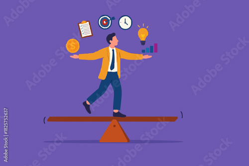 multiple project management concept illustration, juggle multiple project concept, professional businessman manage multiple project at the some time vector illustration while standing on seesaw