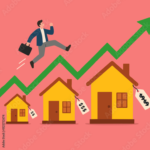 real estate or property growth concept, Housing price rising up, businessman running on rising green graph on house roof concept vector illustration with flat design style