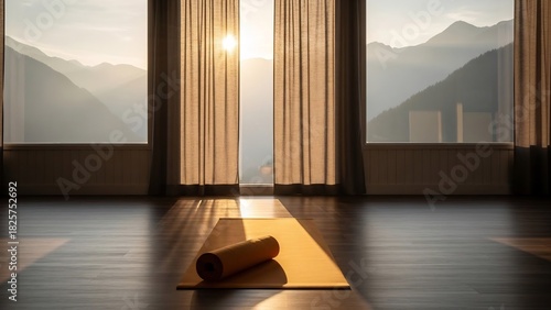 穏やかな朝の光の中でヨガマットが広がる、山々を望む静寂な空間。自然光が差し込む、リラックスできるミニマルな構図。