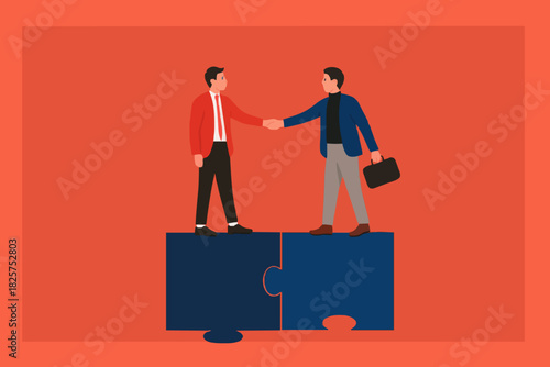business agreement, cooperation in business to achieve certain targets, growth or progress to achieve goal and target, two business people shaking hands at puzzle concept vector illustration