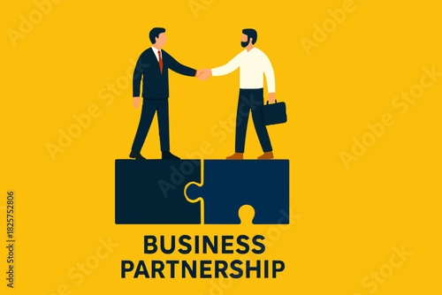 business agreement, cooperation in business to achieve certain targets, growth or progress to achieve goal and target, two business people shaking hands at puzzle concept vector illustration