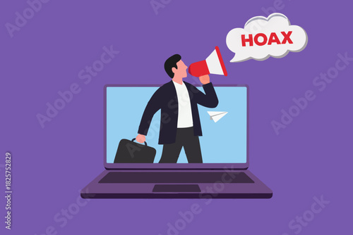 businessman using megaphone conveying fake news or hoax on computer laptop, hoax or fake news illustration, misleading information from social media that creates misunderstandings