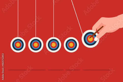 business target achievement as a milestone to achieve the next target, businessman pulling target board with bullseye arrow as e pendulum for milestone the next target