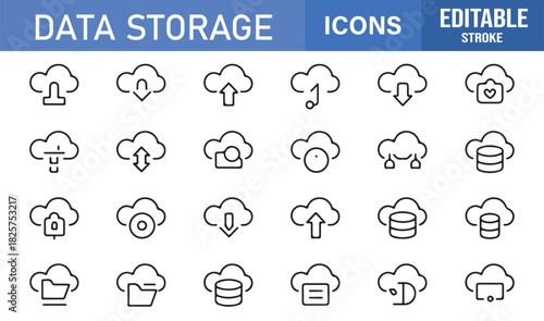 Comprehensive Data Storage Icon Pack Showing Cloud Computing, Backup Solutions, Digital Files, Databases, and System Resource Elements