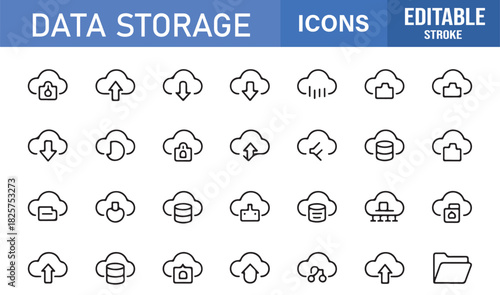Stylish Minimal Icons for Digital Storage Showing Cloud Transfers, Databases, Folders, Sync Arrows, Shield Protection, and Alerts