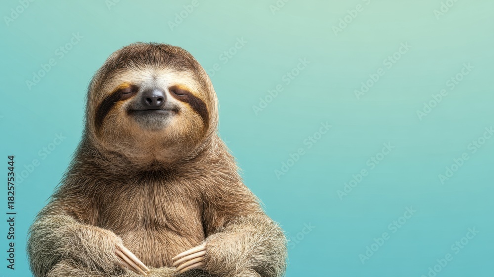 Obraz premium A sloth smiles and leans back showcasing its relaxed posture against a soothing gradient background. The scene captures a moment of tranquility and contentment.
