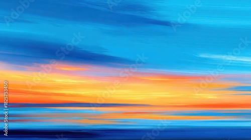 A stunning twilight scene captures a bright sunset with vibrant hues of orange and blue merging across the sky. The ocean reflects this colorful display creating a peaceful atmosphere.
