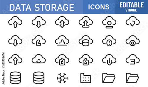 Vector Icon Set Depicting Cloud Computing Elements Including Uploads, Downloads, Sync, Databases, Folders, and Backup Graphics