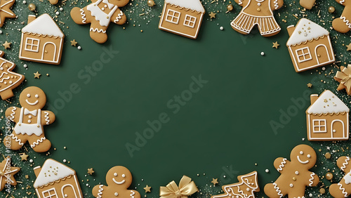 Festive Christmas background with a frame of decorated gingerbread cookies, houses, and trees on a dark green surface