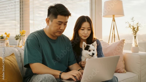 Young Asian Couple Relaxing on Floor with Cute Dog at Home