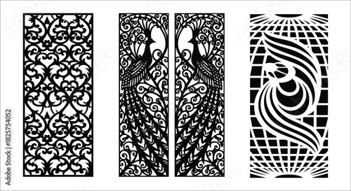 Black Decorative Panels with Peacock and Geometric Patterns vector illustration
