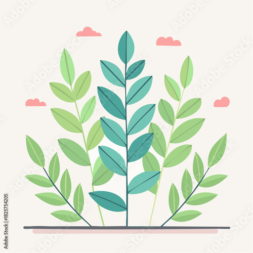 Lush Greenery With Teal Accents And Pink Clouds Against A Soft Beige Background Minimalist Style