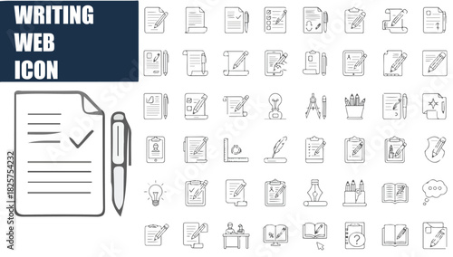Writing and Content Creation Web Icon Set in Elegant Line Style. A Linear Icon Collection for Copywriting, Editing, Note-Taking, Signature, Pen Tools, and Document Drafting. Editable Stroke Vector.