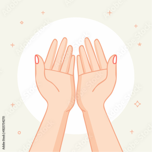 Open Palms Reaching Upward Against Soft Light Circle with Subtle Geometric Accents in Pastel Tones