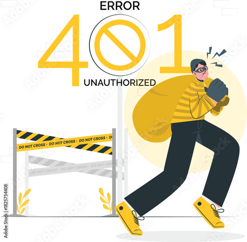 401 unauthorized error concept, thief, white