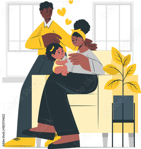 Happy black family with baby on couch, showing love and affection