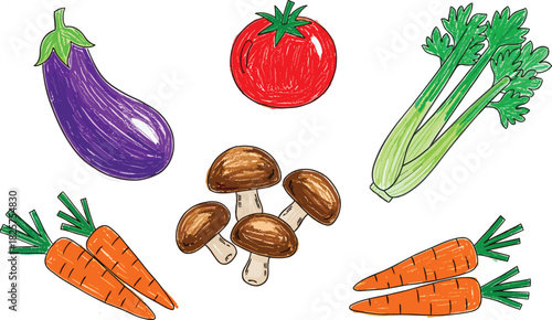 Hand-drawn colorful vegetable illustration set featuring eggplant, tomato, celery, mushrooms, and carrots in bold sketchy artistic style for designs