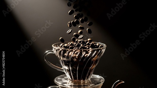 コーヒー豆が透明なカップに降り注ぐ瞬間、ドラマチックな光が当たる、コーヒーの香りが漂うような美しい瞬間。