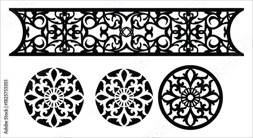 Black Ornate Decorative Scrollwork Border and Three Circular Elements ornamental
