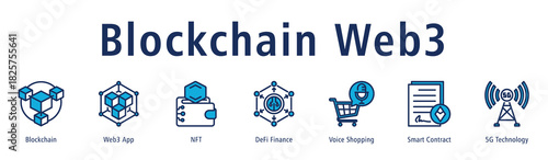 Blockchain Web3 web banner icon vector illustration concept with icon of blockchain, web3 app, nft, defi finance, voice shopping, smart contract, and 5g technology.
