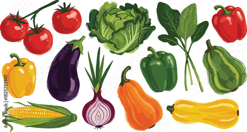 Colorful hand-drawn vegetable illustration set featuring fresh produce, organic farm food assortment, healthy garden vegetables in artistic vector style for design use