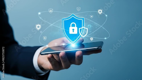 Businessman holding smartphone with digital security shield illustration