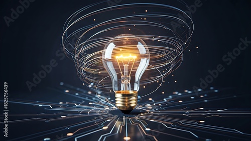 Glowing lightbulb with digital lines representing innovation and technology