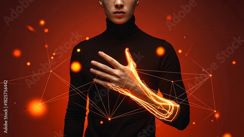 Futuristic glowing arm with digital connections and technology concept