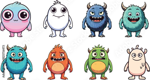 Cute cartoon monsters set, colorful fantasy creatures with horns and big eyes, adorable fun characters perfect for kids artwork, games, creative designs
