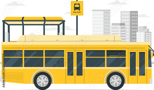 Yellow city bus at a modern bus stop with urban buildings