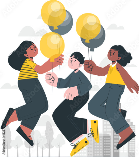 Three diverse people jumping with balloons, celebrating joyfully