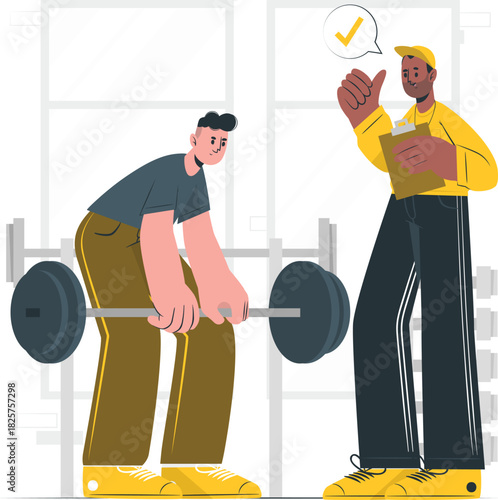 Personal trainer guiding man performing deadlift in gym