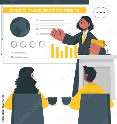 Presenter at international business conference with attendees