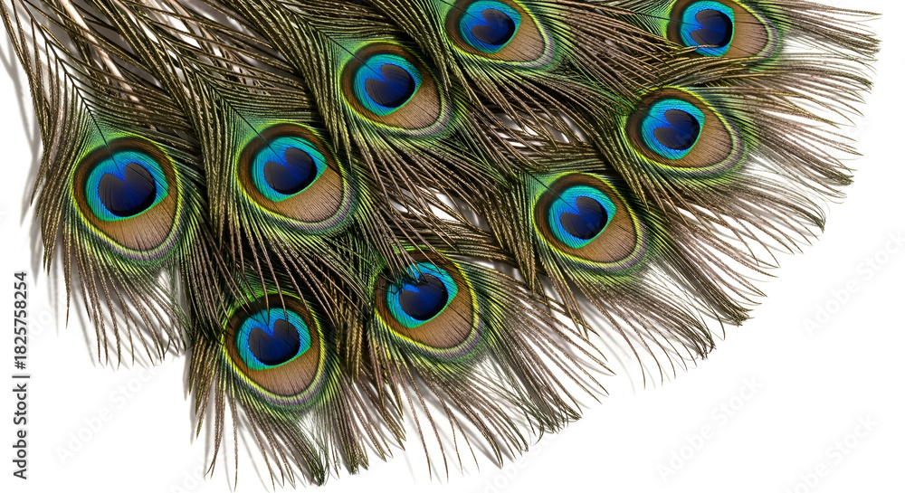 Obraz premium Collection of Peacock Feathers with Eye Patterns Keywords: peacock, feather, feathers