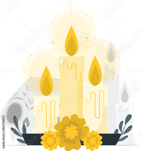 Three lit candles with marigold flowers for a festive occasion
