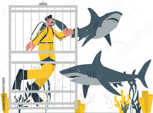 Diver in shark cage with sharks underwater
