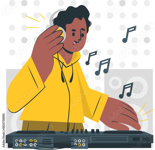 Young man djing with headphones and mixer