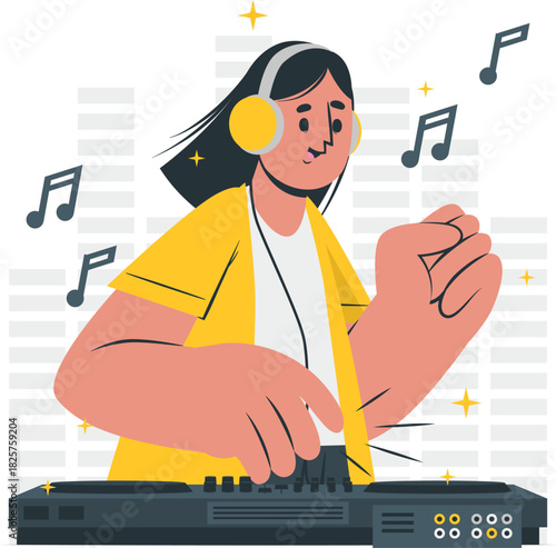 Female dj mixing music on sound console with headphones and notes