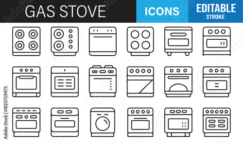 Comprehensive Gas Stove Icon Pack Showing Cooking Surfaces, Oven Units, Burner Patterns, Heating Elements, and Kitchen Ranges