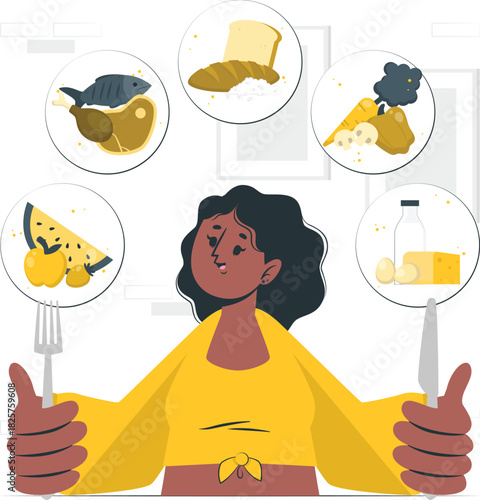 Woman with balanced diet food options