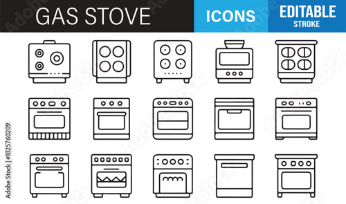 Minimal Line Icons of Gas Stoves Featuring Burners, Ovens, Cooktops, Heating Surfaces, Flame Elements, and Kitchen Appliances