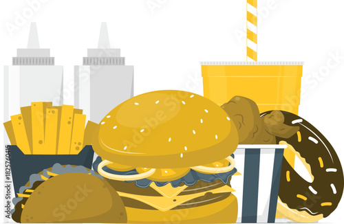 Burger, fries, drink, donut