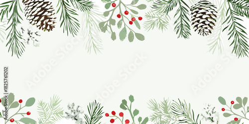 Watercolor winter foliage frame with pine cones and berries for christmas