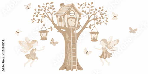 Whimsical treehouse scene with fairies and butterflies illustration
