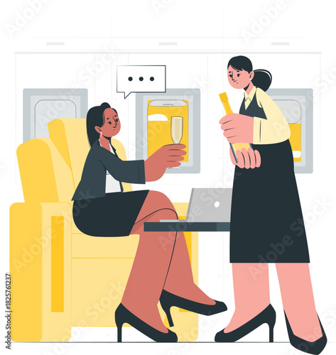 Woman served drink with laptop